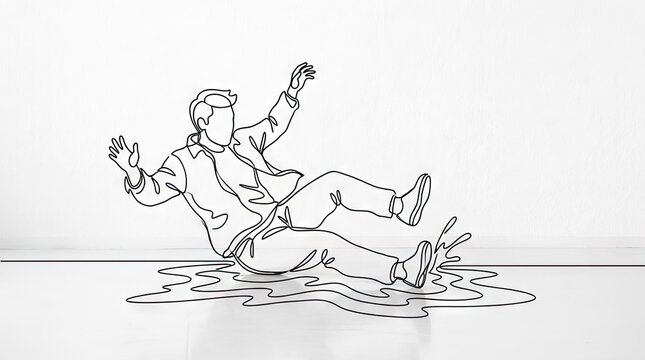 Line art drawing of a man slipping into water.