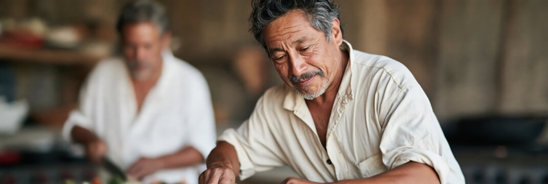 Experienced chef preparing fresh ingredients in a rustic kitchen for culinary workshop background and cooking demonstration