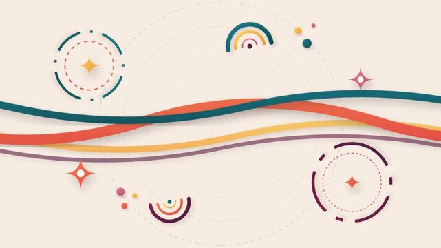 Abstract retro wavy ribbon lines animation with rotating HUD target circles, spark stars, and rainbow arches, vintage flat motion graphic on light cream background