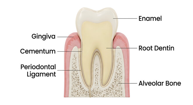 human tooth cross section showing detailed dental anatomy and structure including enamel dentin pulp gum alveolar bone and periodontal ligament in a realistic 3d render medical illustration on a