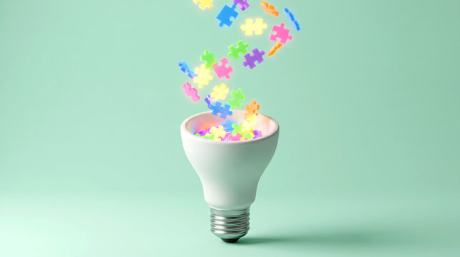 Colorful Puzzle Pieces Falling into Light Bulb Concept of Innovation