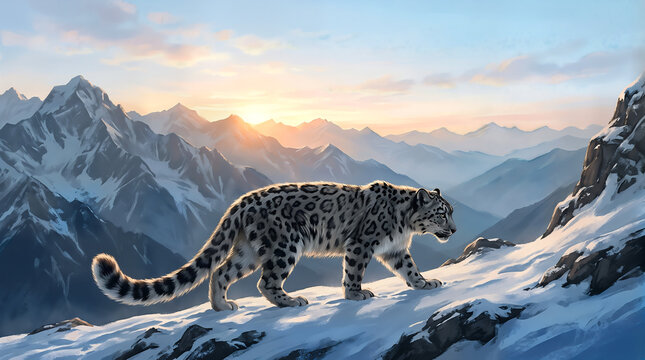 Snow leopard walking along a snowy mountain ridge at sunrise with snowy mountain