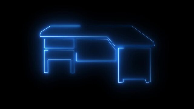 Blue neon office desk icon on dark background, glowing workplace table furniture symbol.