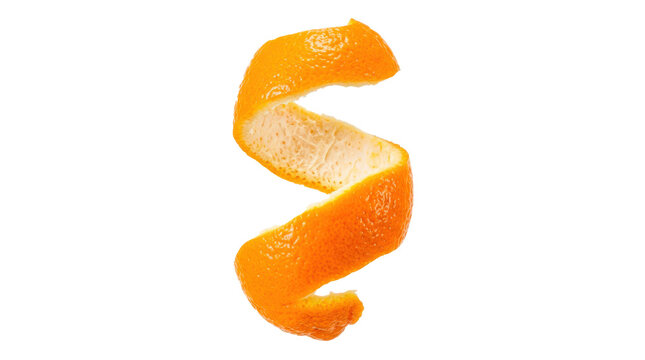 Vibrant orange peel curl with fresh citrus texture, glossy outer rind and pale inner pith, naturally twisted into an elegant decorative spiral. Photorealistic studio photography, 3/4 macro view,