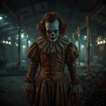 Sinister clown standing inside a dark abandoned building, creating a disturbing horror atmosphere with creepy imagery, supernatural tension and cinematic dark fantasy elements.