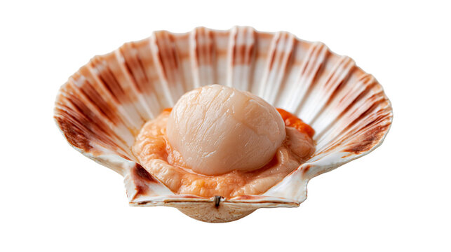 Fresh raw scallop meat in a ribbed brown and white seashell