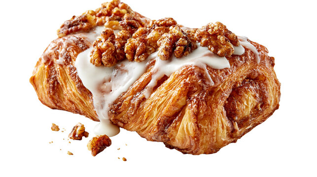 Golden flaky cinnamon danish pastry topped with white icing and toasted walnuts