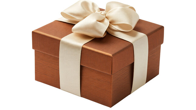 Square brown gift box with textured paper finish and cream satin ribbon bow