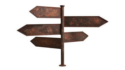 Weathered rusty metal directional signpost with four blank arrow shaped plates © Lysander