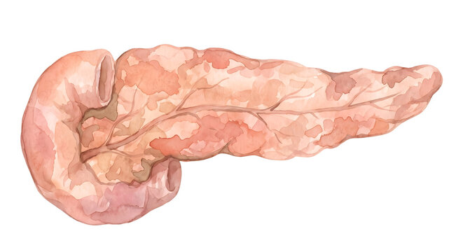 human pancreas anatomical medical illustration watercolor drawing isolated on white background showing pancreatic organ structure for health education biology textbook infographic design