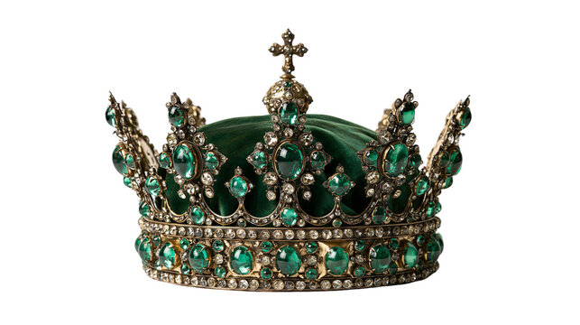 Ornate royal crown with green velvet cap and emerald gemstones