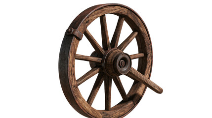 Rustic antique wooden wagon wheel with iron rim and central hub © Lysander