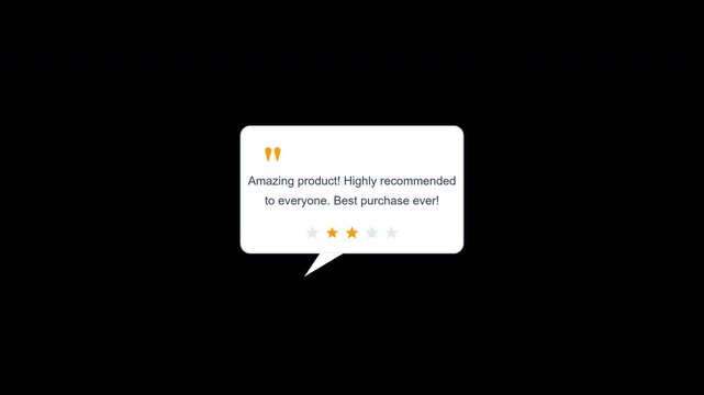 Flat customer review testimonial quote bubble with a pulsing golden quote mark, rating stars, and text on a transparent alpha channel