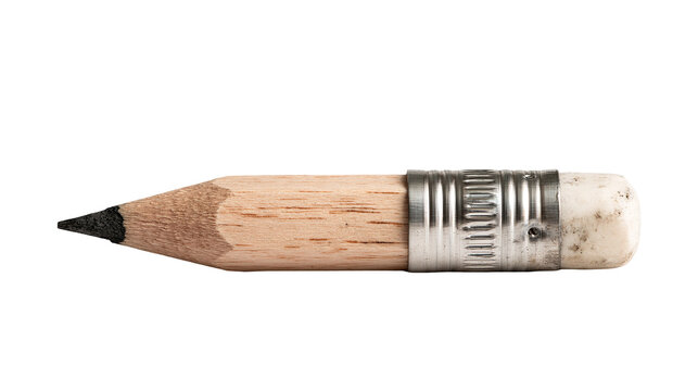 Short wooden graphite pencil with a metal ferrule and a used rubber eraser tip
