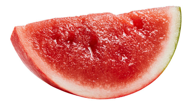 Fresh juicy triangular slice of ripe red watermelon with green rind
