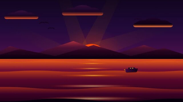 Sunset mountain sea landscape animation with floating boat and glowing sun rays, vector flat design sunset ocean motion graphic on dark purple sky background