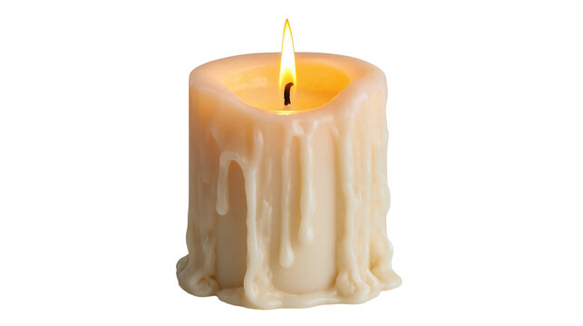 Cream colored pillar candle with melting wax drips and glowing flame
