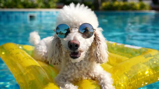 Cool white poodle dog wearing sunglasses, relaxing on a yellow inflatable in a swimming pool.