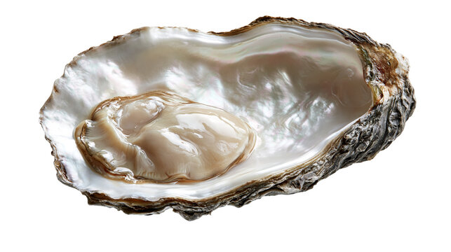 Fresh raw oyster meat inside a shiny nacreous shell