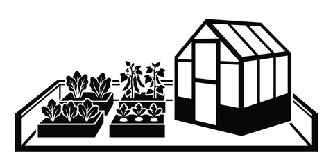 Obraz premium Home greenhouse structure in small backyard farm setting with cultivated vegetable patches.