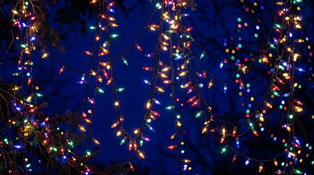 Colorful Christmas lights strung across dark trees for festive holiday decoration.