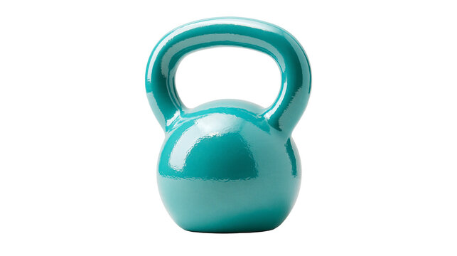 Glossy teal painted iron kettlebell for strength training and fitness exercise