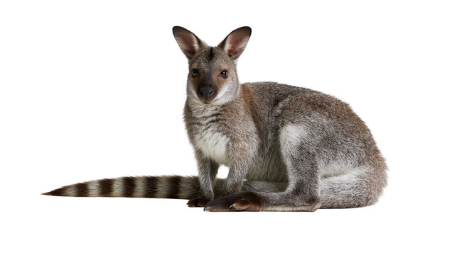 Small brown wallaby with striped tail sitting upright