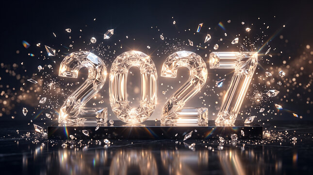 Crystal numbers two thousand twenty seven glow with light on a dark reflective surface