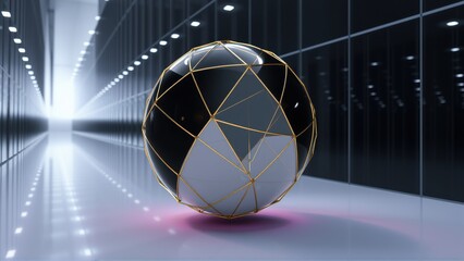 Fototapeta premium Futuristic sphere dominates dark tunnel. Reflective surface, geometric patterns, bright light source creates dramatic effect. Minimalist composition.