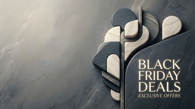 Black friday deals banner with marble stone and gold abstract geometric shapes for premium sale advertising.