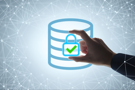 Data protection for network server and cloud database. Secure data management and governance. Businessman placing padlock icon with checkmark on database icon.