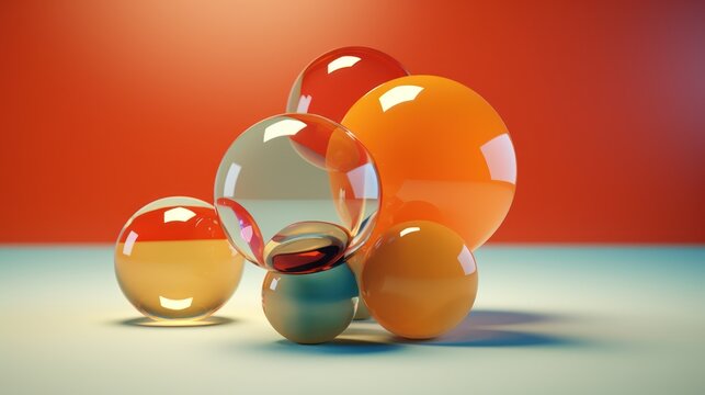 Vibrant and Colorful Abstract Composition of Spheres and Forms Against a Red Backdrop.