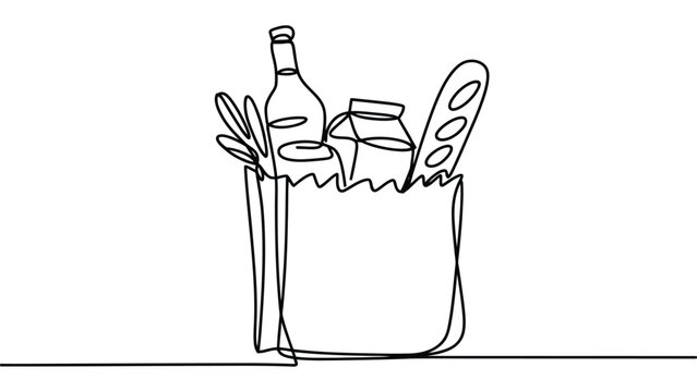 Continuous single line drawing of a paper grocery bag filled with fresh food and drink items