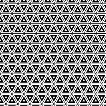 Seamless geometric pattern with nested triangles in black and white colors. Abstract monochrome optical art vector background.
