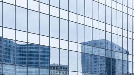 Obraz premium Close-up of a modern glass curtain wall facade with grid pattern reflecting city buildings