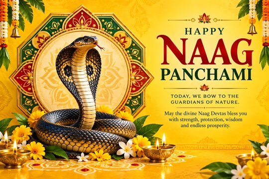 Majestic Cobras Coiled in Sacred Golden Mandala Celebrating Vibrant Naag Panchami Festival with Divine Blessings
