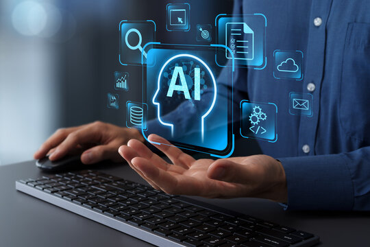 Agentic AI using automation and autonomy to plan and execute tasks across workflows to achieve goals. API-based tool integration. Businessman holding an AI agent icon.