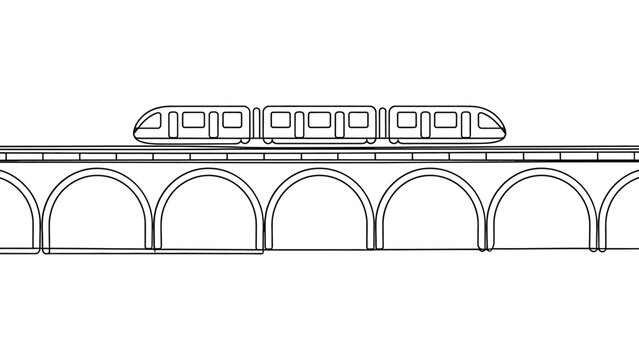 Modern train moving fast across a long stone arch bridge illustration in simple black line style