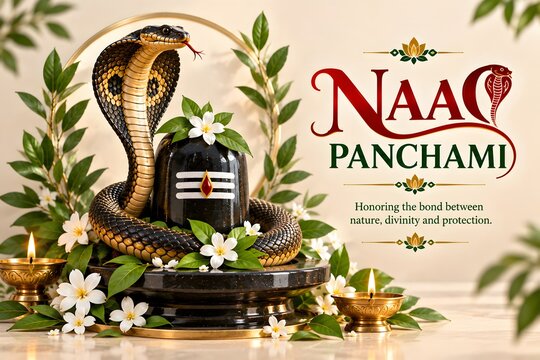 Sacred Naag Panchami Cobras Coiling Around Divine Lingam Amidst White Flowers, Golden Lamps, and Lush Greenery in Ethereal Light