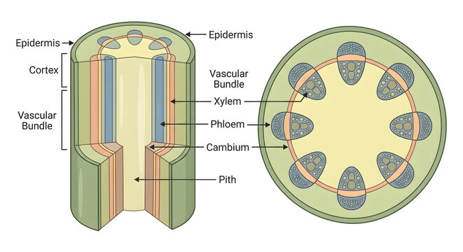 detailed educational vector diagram illustrating plant stem anatomy showing vascular bundles xylem phloem cambium epidermis cortex and pith in both longitudinal and cross section views on white for