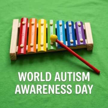 Colorful Xylophone and World Autism Awareness Day text on green background Symbol of Music Therapy and Neurodiversity