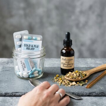 Cold and Flu Relief Natural Remedies and Medicine in Jar with Echinacea Tincture and Herbs