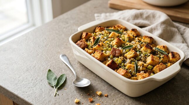 Homemade baked cornbread stuffing in casserole dish with fresh sage. Thanksgiving herb stuffing side dish on rustic tabletop. Festive holiday meal presentation.