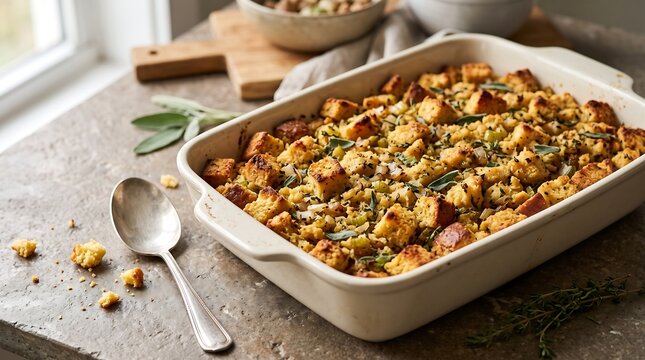 Traditional thanksgiving cornbread stuffing casserole in ceramic baking dish. Golden baked holiday stuffing with herbs and celery. Homemade thanksgiving side dish.