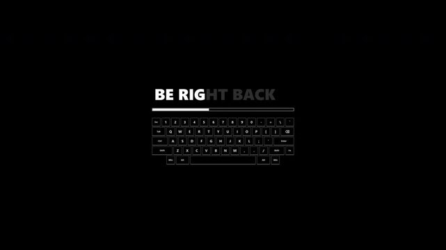 Minimalist black and white HHKB layout keyboard screen with BE RIGHT BACK typing animation, double typo correction, progress bar, and interactive keypress effects.
