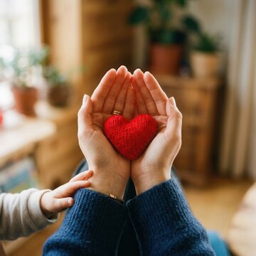 Close up of hands holding a knitted red heart representing love care and family connection Childs hand touches the heart