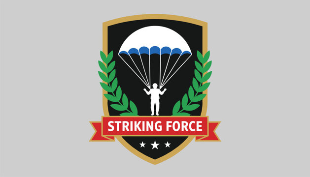 Striking Force tactical emblem showing a paratrooper under a white parachute inside a black and gold shield.