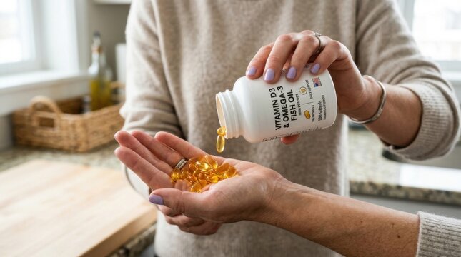 Close up of hands holding vitamin D3 and Omega 3 fish oil capsules supplement health wellness healthy lifestyle