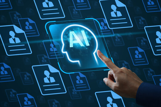 AI powered recruitment system screening job applicants and identifying qualified candidates efficiently. HR manager using talent acquisition tools to improve hiring decisions.