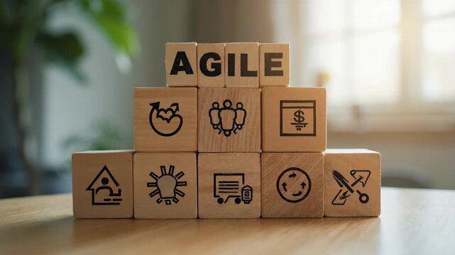 Agile methodology concept. Wooden blocks with icons representing various elements of agile methodology and a top block labeled "AGILE";. Structured teamwork, innovation, efficiency. doodle symbols